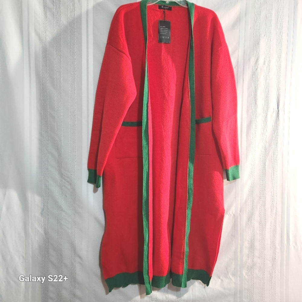 KISTORE PLUS SIZE GREEN/RED SPLIT OPEN CARDIGAN KNIT SWEATER SIZE XXL